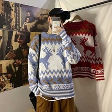 남성 풀오버 겨울 남성 스웨터 커플 사슴 인쇄 크리스마스 날 Ulzzang 느슨한 한국어 유행 세련된 뜨거운 판매 캐주얼 모든 경기|풀오버|