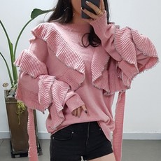 제이후 루즈핏 라운드 소매 프릴 박시 니트 티