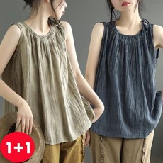1+1 여자 프릴 나시 린넨 민소매 면마 티셔츠 베스트 여름 나시티 빈티지