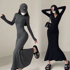 위위브렌 여성 봄가을 슬림핏 스판 반집업 긴팔 머메이드 롱 원피스