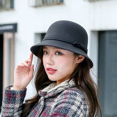 나비 매듭 둥근천정 중절모 여 자 는 분 모자 영국 룬 복고 펠트 모자 검은색 조절 가능