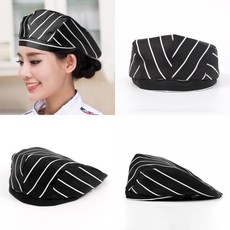 깔끔한 주방 베레모 모자 요리사 조리 위생모 카페 주방모 제빵사 레스토랑 서빙모자, 스트라이프블랙베레모, 1개