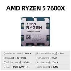 AMD RYZEN 5 7600X 박스 버전 새로운 CPU 게이밍 프로세서 AMD R5 7600 6 코어 12 스레드 5nm 38M 소, 한개옵션0 - 라이젠7600x