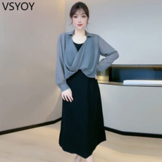 vsyoy 패션 세트 여성의 여름 기질 탑 블랙 원피스