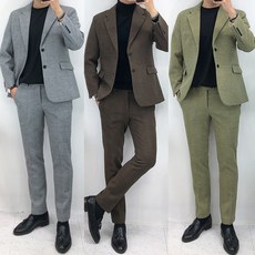 남자 울 캐시미어 헤링본 겨울 셋업 수트