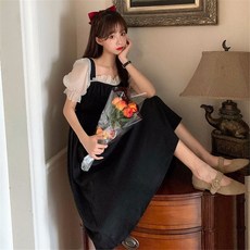 다온이네마켓 여름옷 헵번풍 소흑 벌룬소매 롱 데이트 숏 산들바람