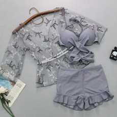 풀빌라 오프닝 초미니 야한비키니 레이싱걸 하이웨스트 와이어 오프숄더 프릴 비키니 수영복, XL, 회색