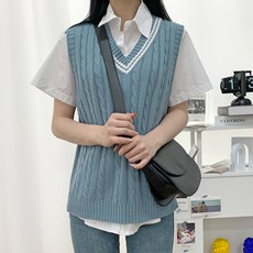 티데일리 여성용 꽈배기 브이넥 배색 니트 조끼 베스트