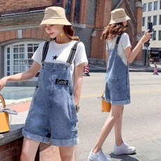 브엘세바 C9918 여성 루즈핏 청 데님 멜빵 반바지