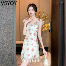 vsyoy 하이 퀄리티 여성 여름 슬림 핏 젠틀 레이스 업 러플 슬리브 슬림 핏 A-라인 원피스