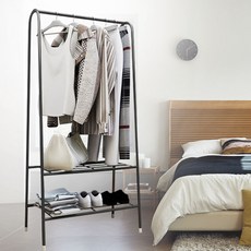 옷걸이 스탠드 철제 행거 2단 높은 DIY 인테리어 헹거 선반 바지걸이 옷정리 튼튼한헹거 조립식 미니, 블랙