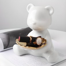 YoungMarket 陶瓷小熊泰迪熊擺飾托盤, 白色
