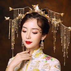 글로벌찜스 머리 악세사리 신부 수화 헤어액세서리 중국식 통큰 결혼 고대복장 금발 화관 족두리 블루 태슬 걸음마다 장아찌를
