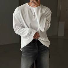 빠델 프리미엄 어깨넓어보이는 남자 오버핏 분또 스판 라운드 무지 긴팔 목안늘어나는 레이어드 흰티셔츠