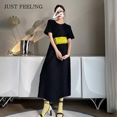 JUST FEEL!NG 하객룩 여성 여름 고급스러운 패션 반팔 롱 원피스 라운드넥 예쁜디자인 스커트 치마