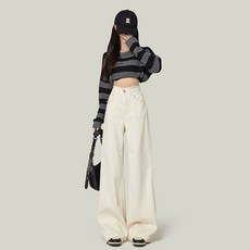 여자 가을 하이웨스트 와이드 데님 팬츠