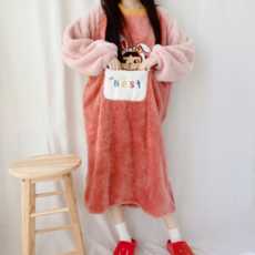 데코라멘 두툼한 겨울 극세사 수면 원피스 여성잠옷 따뜻한 캐릭터 파자마 홈웨어