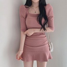 [발리걸] 러블리 스퀘어넥 5부 셔링 플레어 미니 원피스