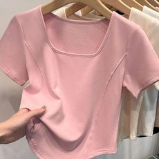 여성용 티셔츠 심플 와이드 칼라 반팔 슬림핏 티셔츠