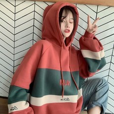 HS 여자 루즈핏 배색 후드티 박시