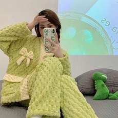 ANYOU 여성 긴팔 잠옷 극세사 기모 상하 잠옷 수면잠옷