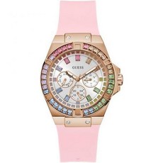게스 레이디스 39mm 시계 - 핑크 스트랩 화이트 다이얼 로즈 골드톤 케이스