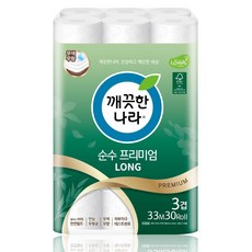 깨끗한나라 3겹 천연펄프 순수 프리미엄 화장지 33m, 30롤, 1팩