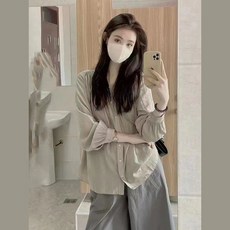 여자 봄여름 긴팔 셔츠 상의 서양풍 폴리에스테르 섬유 쇼트 핏 브이넥 루즈한 편안한 스타일리시한 캐주얼한