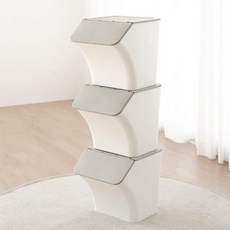 재활용 쓰레기통 분리수거통 비숨 스택형 정리함 뚜껑이 있는 통 용기 손잡이 스티커 휴지통 라벨 도구 및 장난감 핸디 리사이클러 3팩 화이트 그레이