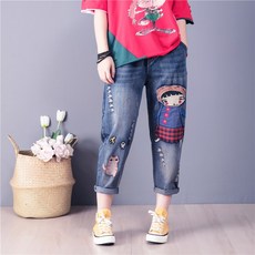 와이드핏 데님 하이웨스트 복고풍 그림 자수 무늬 빅사이즈 오버핏 배기핏 9부 청바지