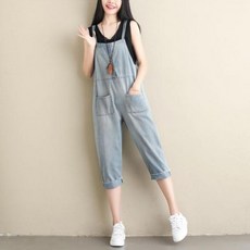 빅사이즈 멜빵청바지 여성5부 여름 미디 데님팬츠