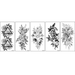 스케치 타투 장미 꽃 흑백 문신 스티커 5종 세트, BK-05, 1세트