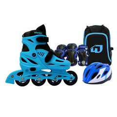 휠러스 아동용 에이스2 인라인스케이트 + 가방 + 보호대 + 헬멧 콤보 세트, 블루