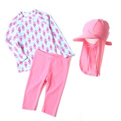 아동용 해마민트 래쉬가드 + 핑크 긴바지 + 핑크 모자 세트