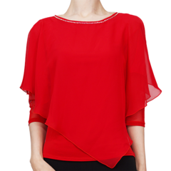 팔색조댄스 스포츠댄스복 깻잎 망토 티셔츠, 레드(RED)
