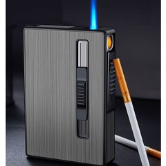 슬림 담뱃갑 얇은 긴 에쎄 20개비 메탈 담배 케이스 usb 가스 충전식 라이터 일체형 슬라이드, 블랙, 1개