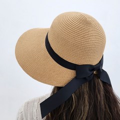 리본 와이드챙 밀짚 여성 여름 여행 오리챙 모자
