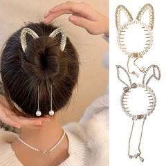 OEM - 헤어핀 고양이귀 진주 큐빅 태슬 포니테일 심플 패션 집게핀 뒤통수 머리장식