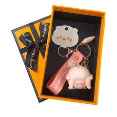 PKTOYS 귀여운 만화 돼지 인형 자동차 키 체인 장식품 열쇠 고리, 핸드스탠드 돼지 선물 상자