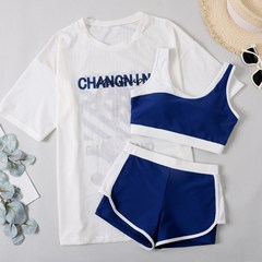 수영복 세트 여성 여름 끈나시 반바지 반팔 셔츠 상하 3피스 캐주얼 비키니 세트, 블루