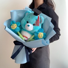 [정품] 중형 케어베어 인형 꽃다발 졸업 생일 기념일 꽃다발, 블루, 인형+비누꽃, 쇼핑백선택