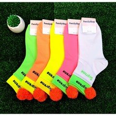 훼미리샵 여성 골프양말 형광 다채색 방울양말 5가지 컬러, 형광핑크+오렌지방울