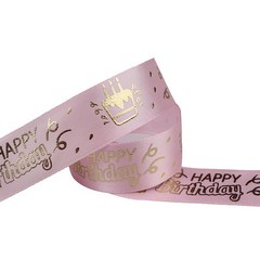 25mm 생일 리본 생일 축하 인쇄 새틴 리본 생일 선물 포장 생일 파티 장식 액세서리 리본, 분홍색, 5야드(4.5미터)