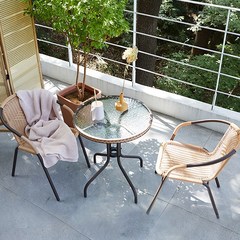 베스트리빙 어디에서나 사용가능한 심플한 원형 다용도 라탄 야외용 베란다 부부 티테이블세트/테이블+의자2개 3color, 내츄럴