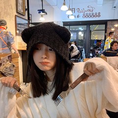 감성갤러리 여성 곰돌이 뽀글이 귀도리 니트 모자 군밤모자 귀달이모자 겨울모자 E-H012