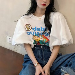 여성 프린팅 퍼프 반팔 라운드 티셔츠