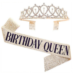 생일 어깨띠 + 티아라 왕관 세트 HG-19, 골드 퀸, 1세트