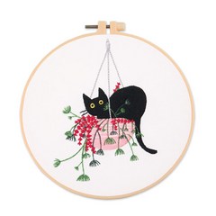 꽃 검은 고양이 패턴 자수 세트 바느질 도구 인쇄 초보자 DIY 자수 라운드 크로스 스티치 키트 바느질 공예 키트, b, B, 1개