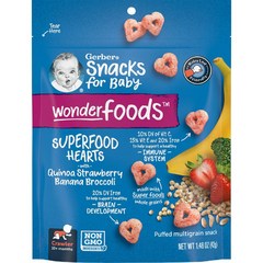 이지몰 Gerber (거버) Wonderfoods 유아용 간식 곡물 퍼프 스낵 퀴노아 오렌지 당근 생후 10개월 이상 42g (1.48oz) No.52963, 퀴노아 딸기 바나나 브로콜리
