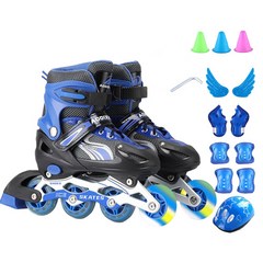 Modern Fashion 어린이 인라인 스케이트 헬멧 보호대 LED조명휠 풀세트, 블루